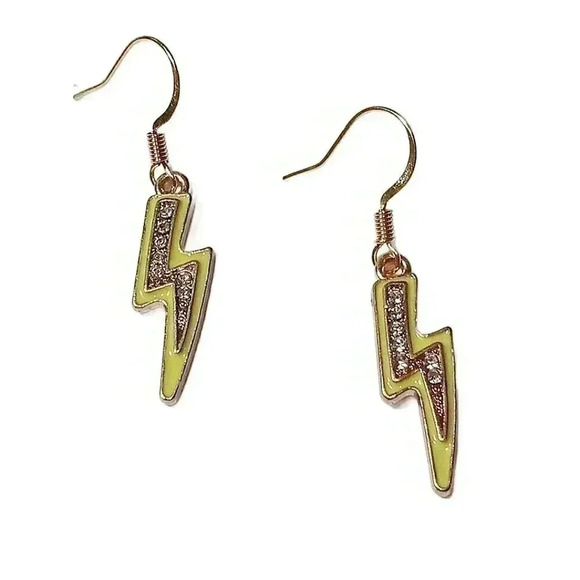 New Artisan Gold & Yellow Enameled CZ Encrusted Lightning Bolt Dangling Earrings - Picture 1 of 3
